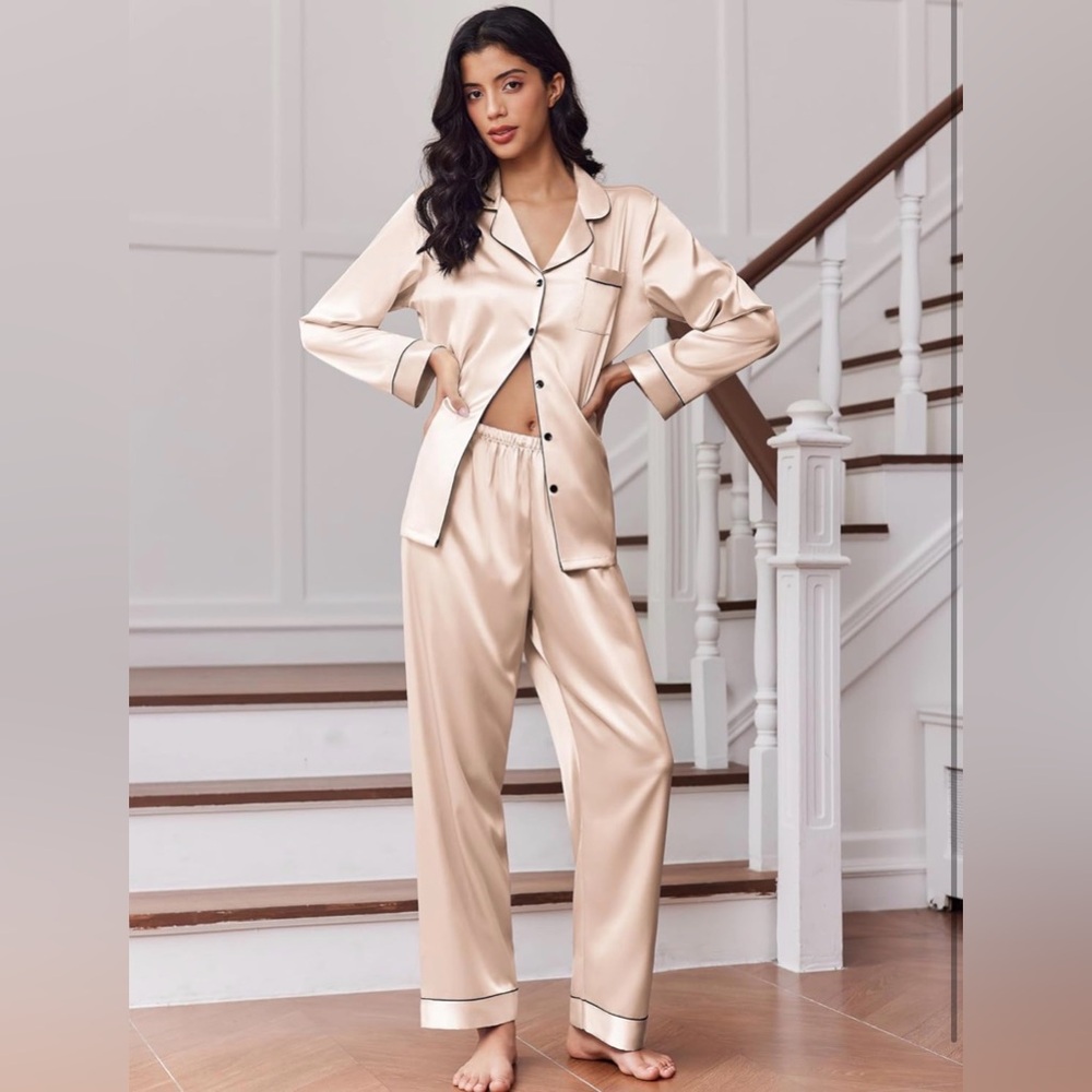 Champagne Women's Classic Button Down Long Pajama Set - Picture 5 of 8